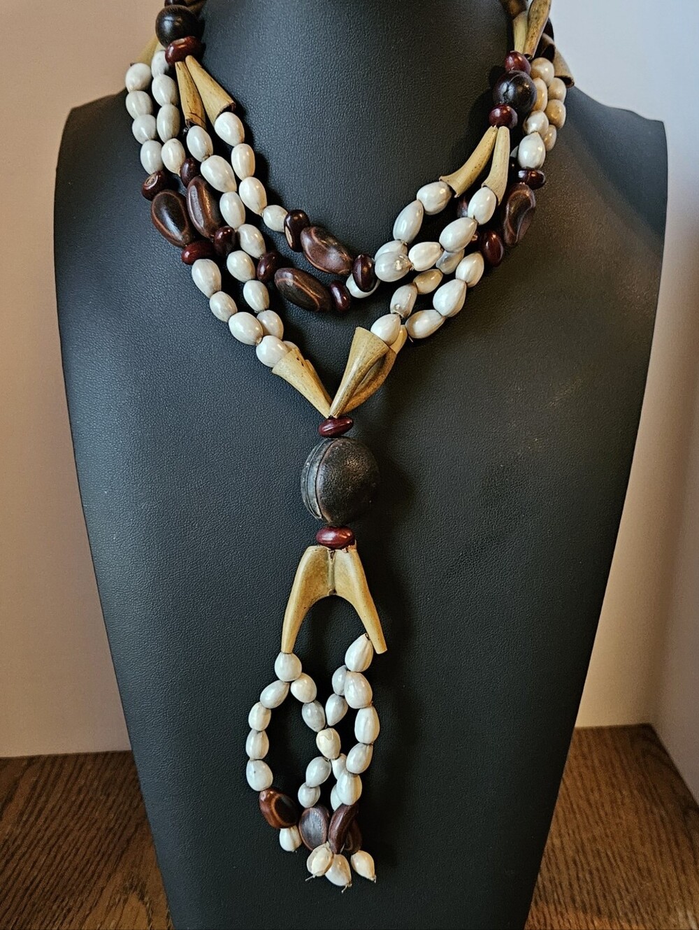 Vintage Natural Seed Bead Tassel Necklace Job's Tears Statement 22"